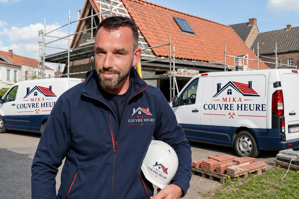 Michael Poirion, patron de Couvre Heure, devant un chantier de toiture et les véhicules de l’entreprise